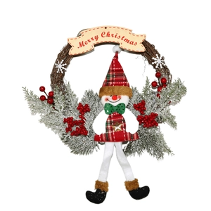 Traditional 30cm Christmas wreath with snowman figurine and Merry Christmas wooden sign