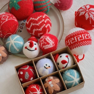 Detail of assorted wool felt Christmas ornaments with snowman and snowflake patterns
