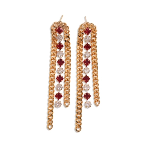 Luxurious 18k gold plated long fringe earrings with red and white square-cut zircons