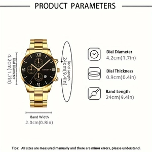 Detailed technical product parameters of the steel business watch with dimensions