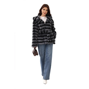 Belted striped faux fur hooded coat in black and grey for women's winter fashion