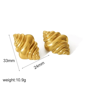 Golden seashell stud earrings in stainless steel with 33mm length and 24mm width dimensions