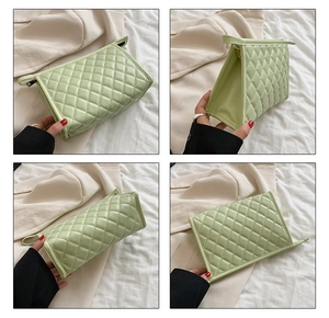 Detailed views of light green quilted PU leather cosmetic bag from four different angles