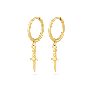 Close-up of golden dagger pendant hoop earrings crafted in minimalist sterling silver style