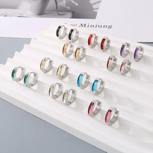 Minimalist titanium steel hoop earrings with colorful zircon stones in various shades