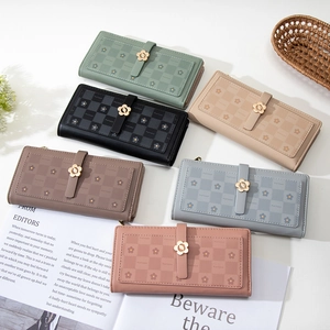 Women's long floral wallet with flower clasp, shown in six various elegant colors