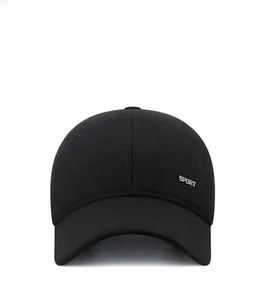 Front angle of a black winter baseball cap for men featuring silver Sport embroidery