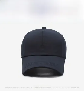 Close-up of navy blue breathable quick-dry baseball cap featuring embroidered YS logo