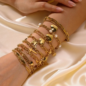 Stainless Steel Multi Layer Bracelet 18K Gold Plated Faux Artificial Pearl Heart Cross Butterfly Good Luck Plaque For Women
