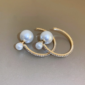 C-Shaped Double Artificial Pearl Stud Earrings With Rhinestone Alloy And 925 Sterling Silver Earring Post Geometric For Women
