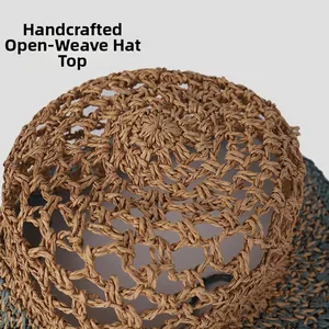 Macro view of handmade hollow woven straw hat top with intricate contrast texture