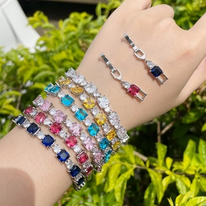 Elegant multi-color square zircon tennis bracelet with gold plated brass chain for women