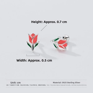 Detailed macro view of S925 silver tulip stud earrings measuring 0.7cm by 0.5cm