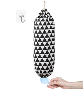 Wall-mounted kitchen grocery bag holder with black and white geometric pattern