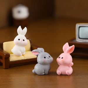Three-piece set of cute resin rabbit figurines in white, grey, and pink for micro landscapes