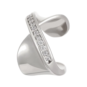 Macro shot of silver ear cuff with sparkling zircon accents and sleek polished finish
