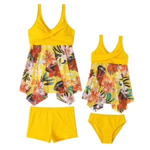 Two-piece yellow floral matching parent-child swimsuit set with mesh skirts