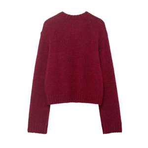 Women's burgundy mohair knit sweater featuring long sleeves and classic crew neck