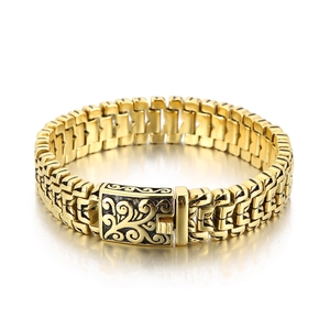 Men Stainless Steel Bracelet Punk Hip Hop Carved Floral Square Clasp Thick Chain Jewelry