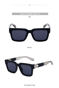Front and side view of square black frame sunglasses with dark gray lenses and metal hinges