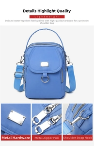 Detail of blue nylon crossbody bag featuring waterproof fabric and silver hardware