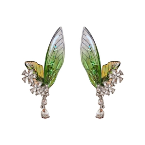 Ear cuff scintillanti con ali e fiori in argento e verde stile forestale