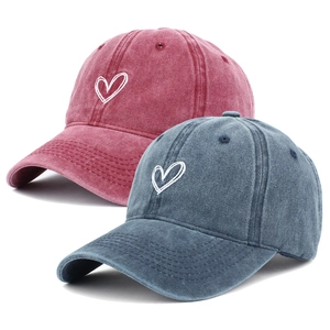 Vintage Washed Cotton Baseball Cap With Heart Embroidery Adjustable Retro Casual Sun Hat For Men Women