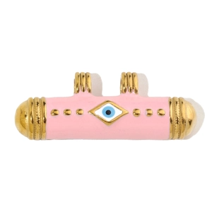 Detail of pink enamel cylinder pendant with golden accents and blue evil eye charm