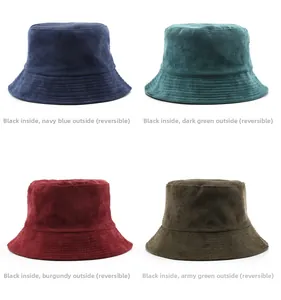 Detail of four-color corduroy bucket hats with reversible double-sided design