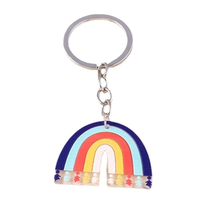 Rainbow acrylic keychain with colorful geometric figures and durable silver metal ring