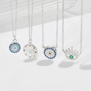 925 Sterling Silver Evil Eye Necklace For Women Round Pendant Rhinestone Inlaid Fashion Jewelry Choker Chain Accessory Gift