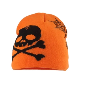 Orange hip hop beanie with black skull and spider web knit patterns for Halloween