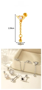 Macro detail of gold butterfly cartilage earring with zirconia drops and dimensions
