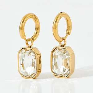 Elegant gold hoop earrings with rectangular clear emerald-cut zircon pendants