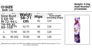 Guide des tailles détaillé pour robe longue fleurie avec mesures de buste et taille