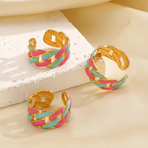 Pink and blue enamel Cuban link open rings in gold-plated stainless steel for women