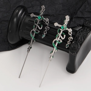 Gothic snake sword hairpins in silver with green enamel details and gemstones