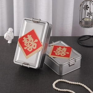 Vintage rectangular silver tin boxes with locks and Double Happiness wedding motifs