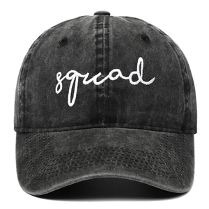 Washed dark grey baseball cap with white squad embroidery and curved brim for sun protection