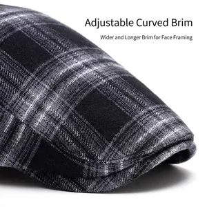 Vintage plaid newsboy cap for men and women with adjustable curved brim for sun protection