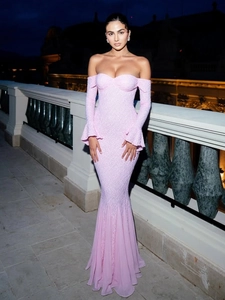 Pink off-shoulder fishtail evening gown with lace sleeves and textured fabric detail