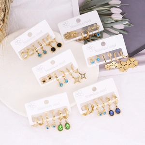 Stainless Steel Dangle Stud Earrings Evil Eye Star Clover Long Drop Fashion Jewelry Gift For Women Gold Tone