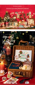 Detail of Christmas party themed scrapbooking stickers and vintage woven gift box storage