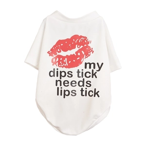 Breathable white mesh pet T-shirt with red lip print and funny slogan detail