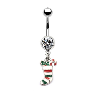 Detail of Christmas stocking navel ring with silver metal and colorful enamel design