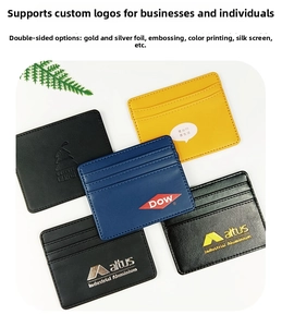 Detailed view of PU leather card holder featuring multiple slots and customized logos