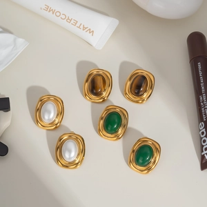 French vintage stainless steel gold studs with natural stone and pearl inlays for women