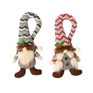Christmas gnome doll decorations with red and grey patterned hats on white background