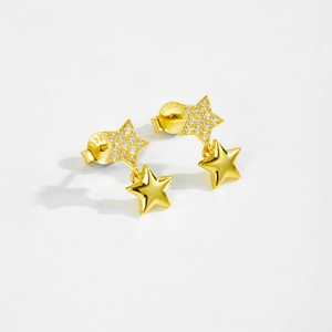 S925 sterling silver gold-plated double star drop earrings with sparkling zircon stones