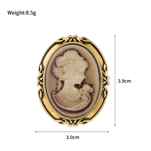 Vintage style gold portrait cameo brooch for suits with size and weight dimensions